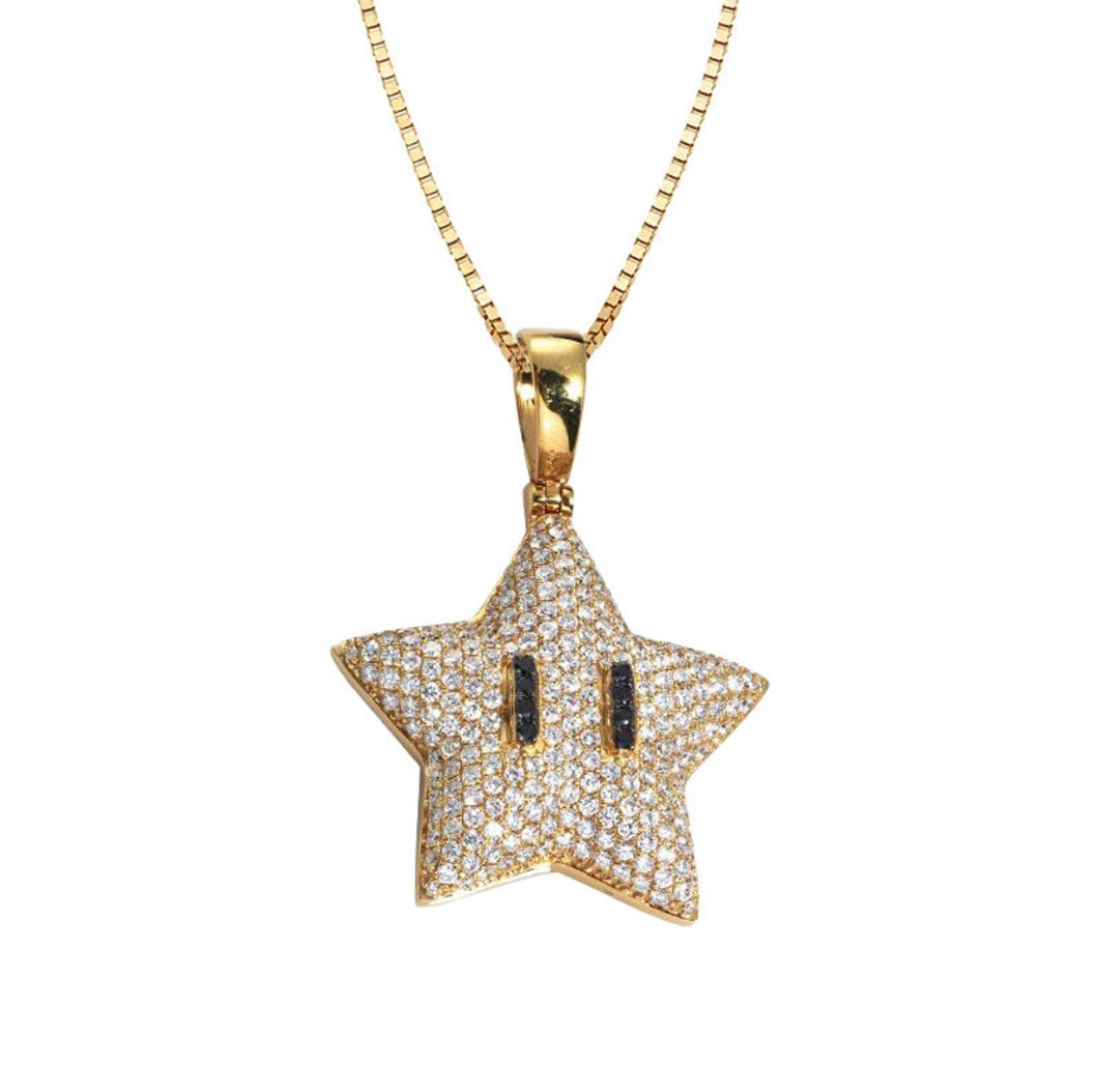 Solid 14k Yellow Gold Diamond Star Emoji with Black Diamond Eyes - Diamond Star Evil Emoji - Diamond Star Necklace - Star Emoji Necklace