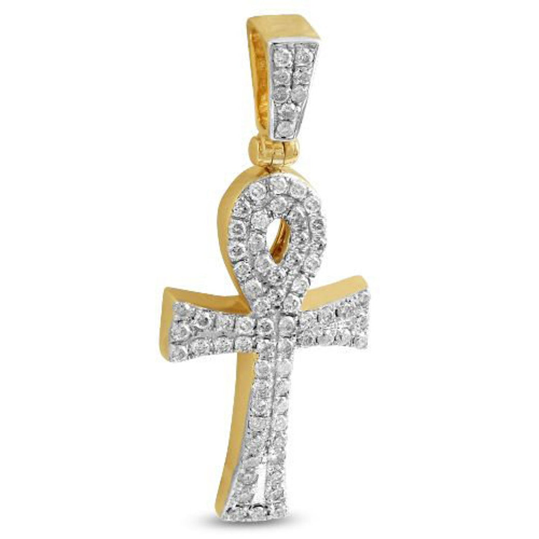 Soid Yellow Gold Diamond Ankh Necklaces - Gold Prong Set Diamond Ankh Cross Charm Pendant