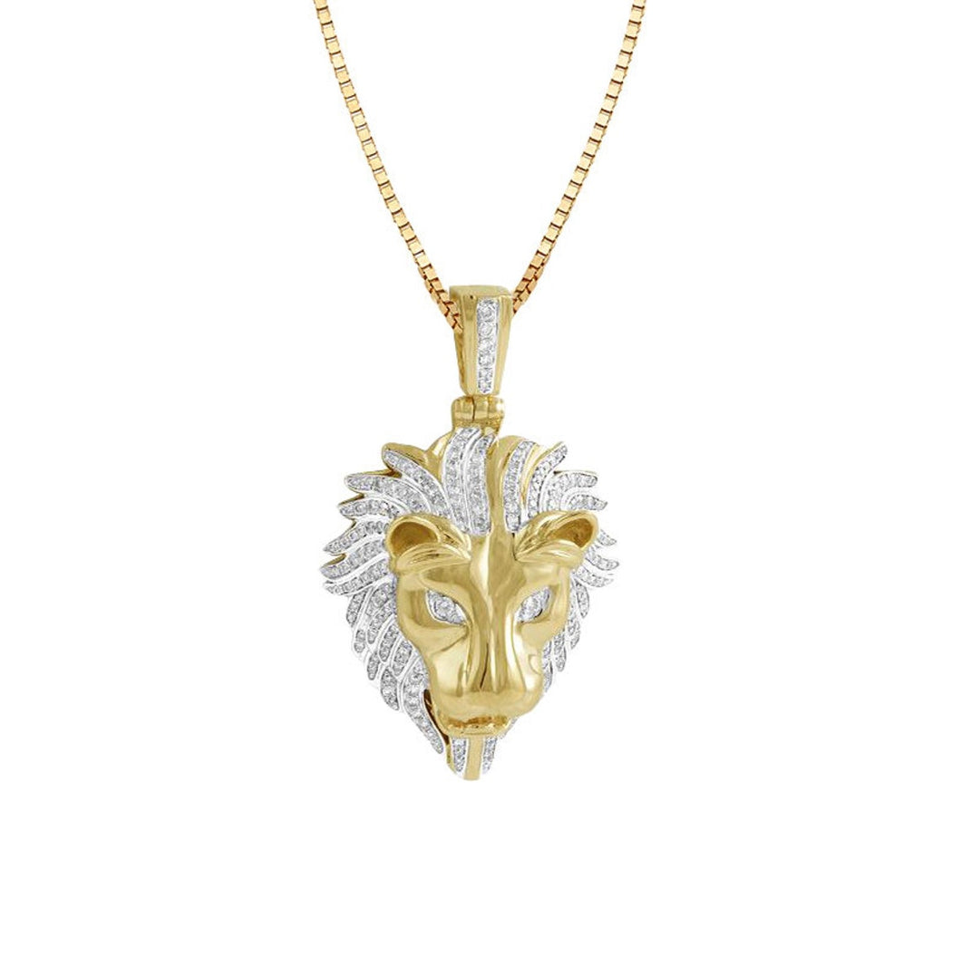 Solid Yellow Gold Diamond Enamel Lion Head Pendant - 3D Iced Enamel Lion Head Pendant Lion Face Pendant - King Diamond Yellow Gold Necklace