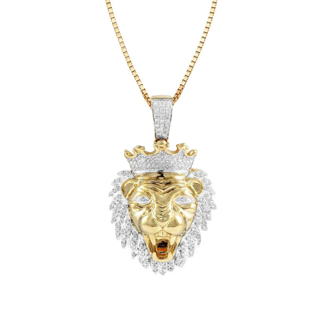 Yellow Gold Men's Round Diamond King Lion Crown Charm Pendant - Diamond Lion Head Pendant - King Head Necklace