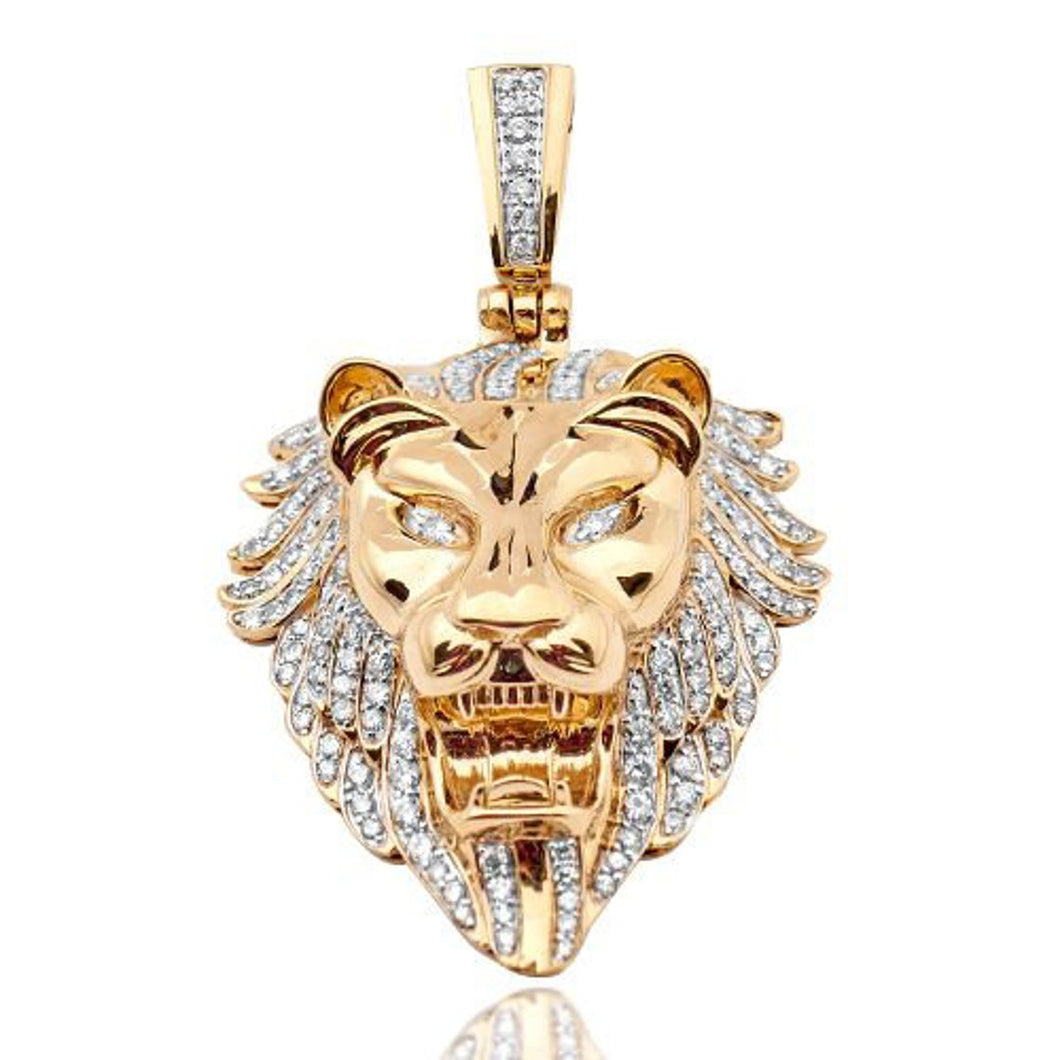 Yellow Gold Men's Round Diamond King Lion Necklace - Diamond Lion Head Pendant - King Head Necklace
