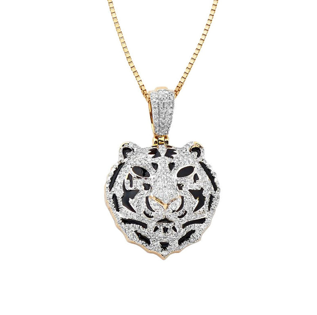 Yellow Gold Diamond Tiger Face Necklace - Diamond Tiger Necklace - Diamond Tiger Head Necklace - Tiger Diamond Head Necklace