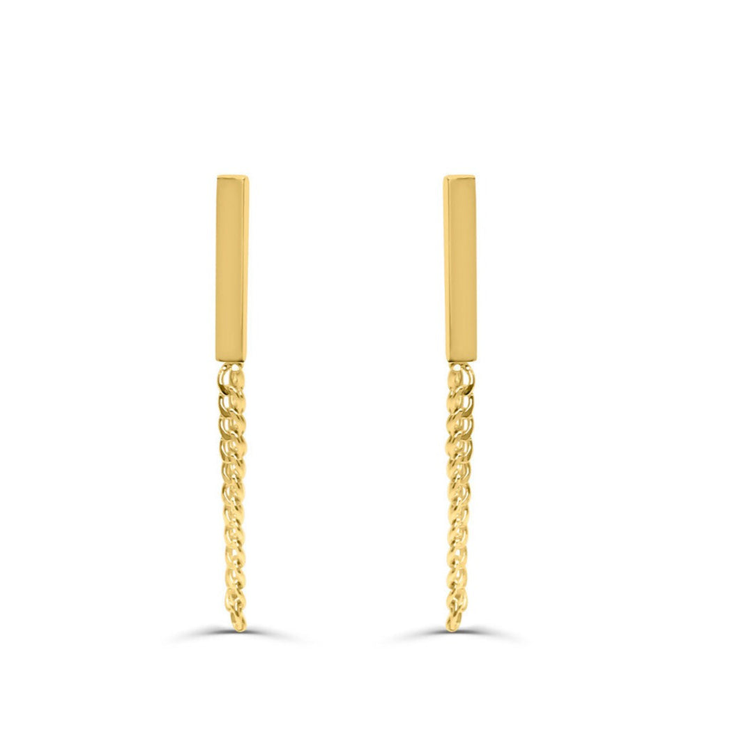 14K Yellow Gold Dangling Chain Earrings Fashion Delicate - Bat Chain Solid 14k Yellow Gold - Bar Earring - Chain Bar Stud Gold Earring