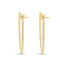 Load image into Gallery viewer, 14K Yellow Gold Dangling Chain Earrings Fashion Delicate - Bat Chain Solid 14k Yellow Gold - Bar Earring - Chain Bar Stud Gold Earring
