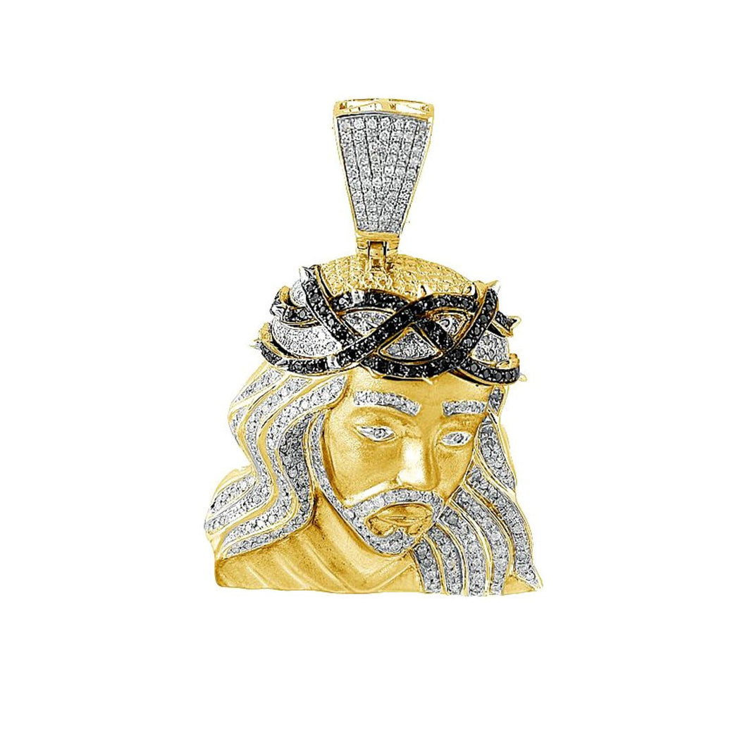 Solid Yellow Gold Black and White Diamond Jesus Head Pendant - Jesus Christ Diamond Pendant - Jesus Head Necklace