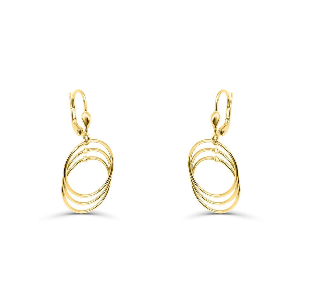 14k Yellow Gold High Polish Dangling Triple Hoop Earring - Triple Circle Hoop Earring - Drop multi Hoop Earring
