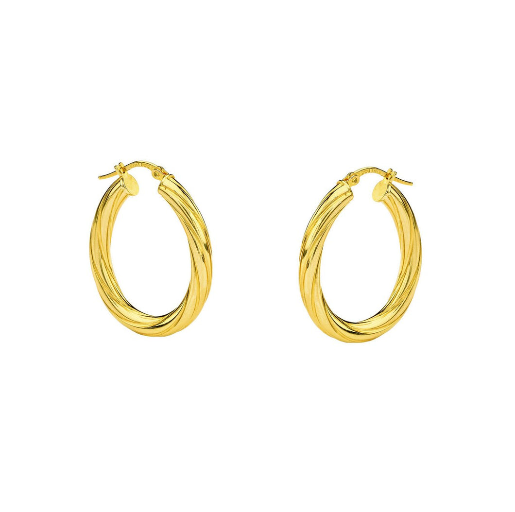 14k Yellow Gold Twisted Round Hoop Earrings - 14K Yellow Gold Oval Twisted Medium Tube Hoop Earrings with Post & Snap Lock