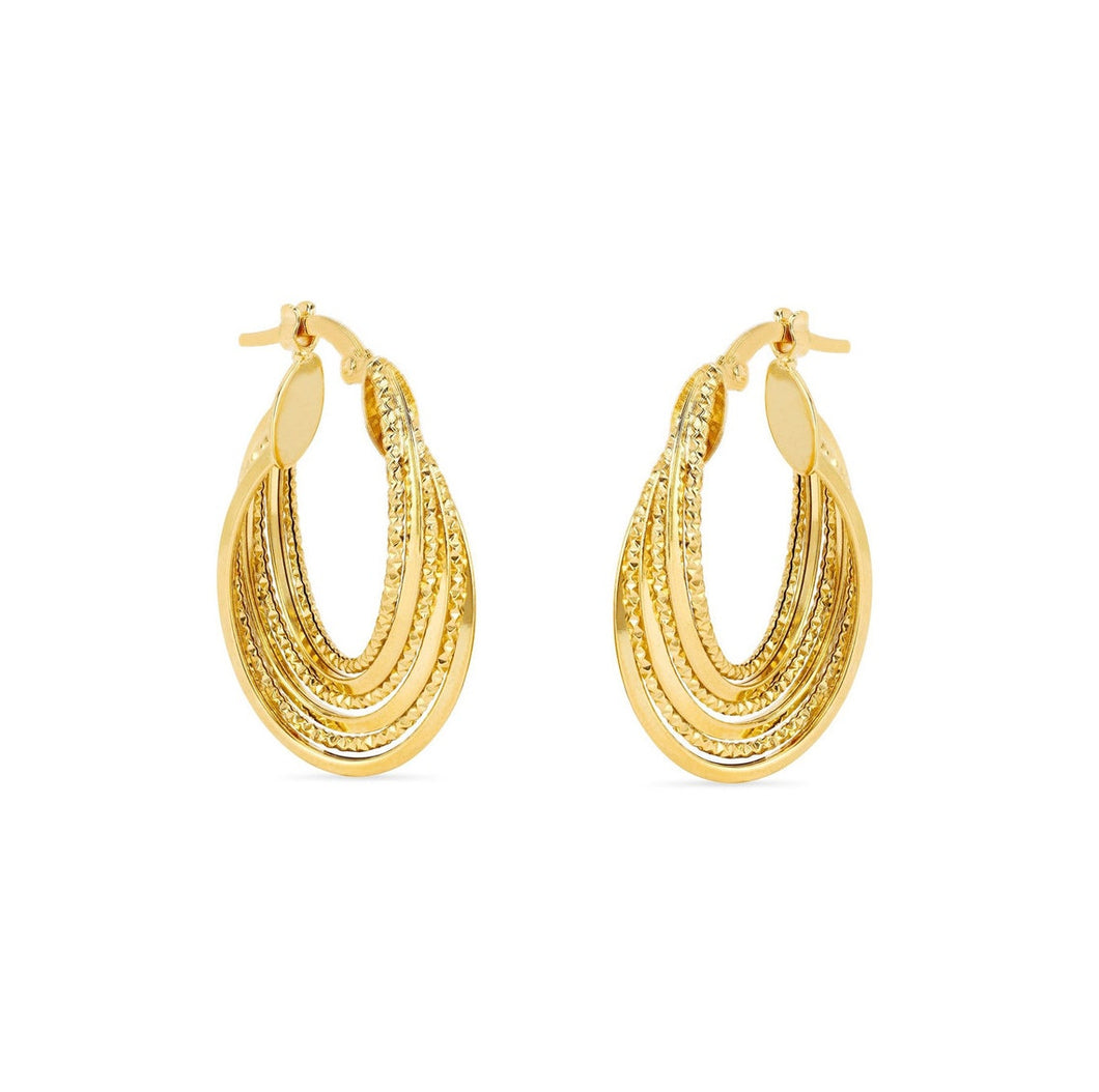 Hoop Yellow Gold 14k Earring - 14K Yellow Gold Oval Multi Tiered High Polish & Textured Twisted Hoops.