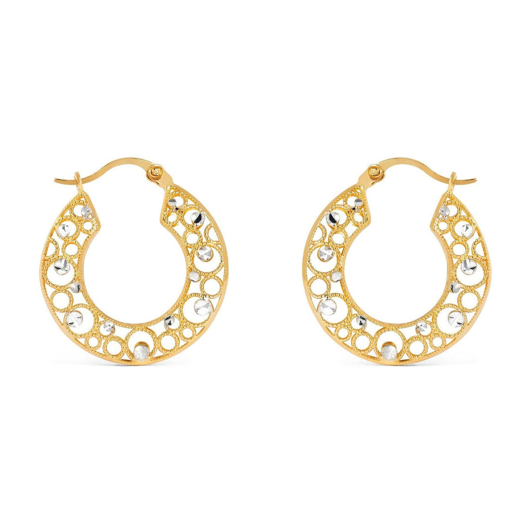 14K Two Tone Scroll Hoop Earrings - Polished Oval Scroll Pattern Hoop Earrings Real 14K Yellow Gold