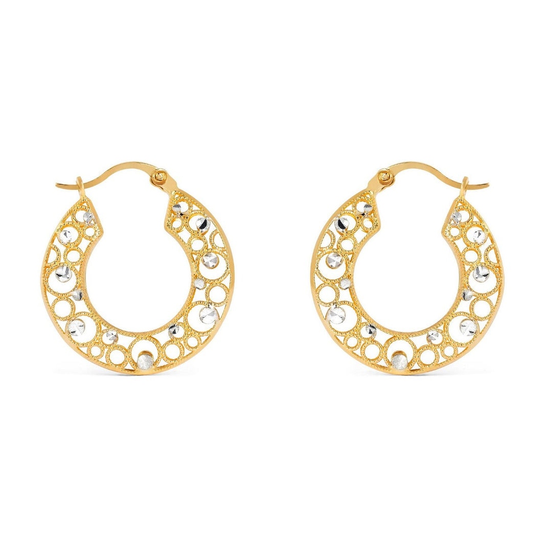 14K Two Tone Scroll Hoop Earrings - Polished Oval Scroll Pattern Hoop Earrings Real 14K Yellow Gold