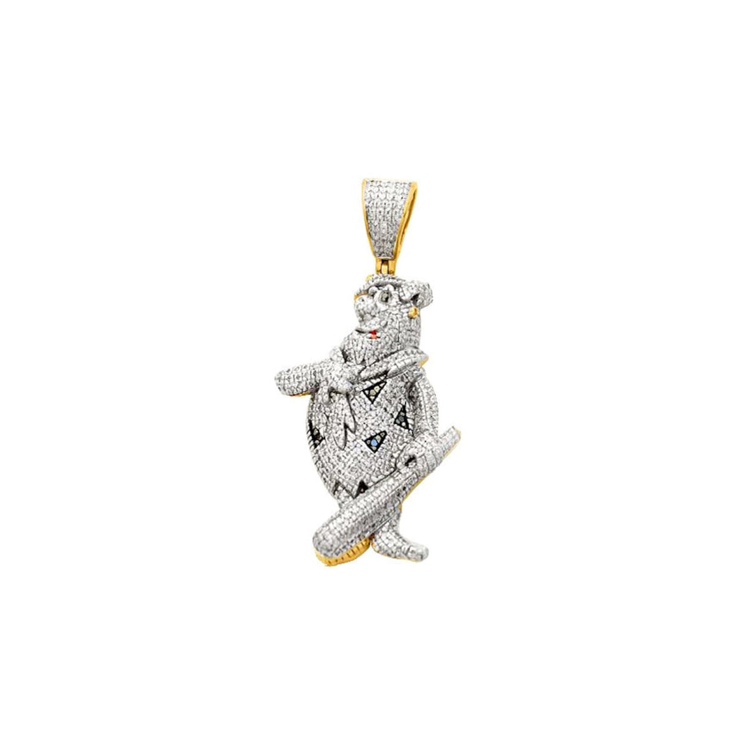 Solid Yellow Gold Black and White Cartoon Caveman Diamond Necklace