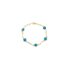 Load image into Gallery viewer, 14K Gold Nazar Bracelet with Turquoise Evil Eye Charm - 14K Gold Paperclip Chain Bracelet - 14KT Yellow Real Gold Blue Evil Eye Bracelet
