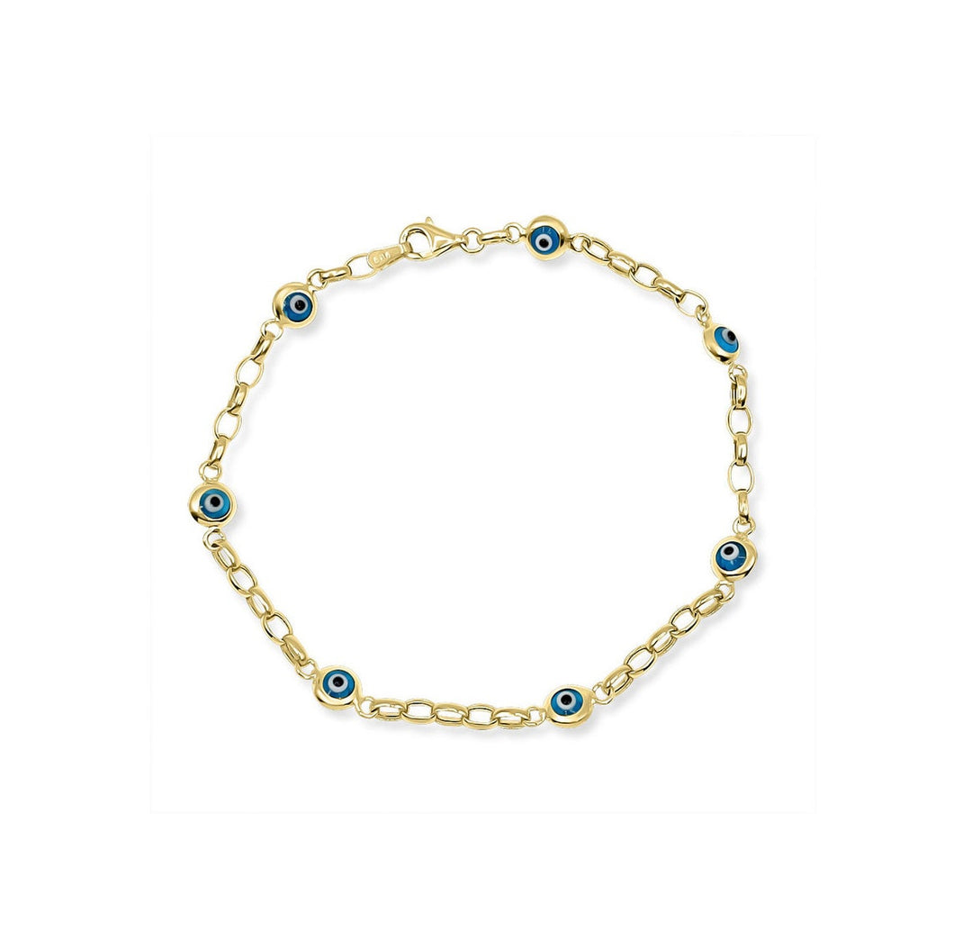 14K Gold Nazar Bracelet with Turquoise Evil Eye Charm - 14K Gold Paperclip Chain Bracelet - 14KT Yellow Real Gold Blue Evil Eye Bracelet