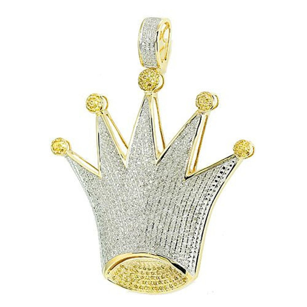 Solid Yellow Gold Round Cut Diamond Crown Charm Hip Hop Necklace
