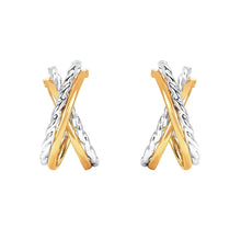 Load image into Gallery viewer, 14k Yellow Gold Convex X Style Two-Tone Stud Earrings Real 14kt Yellow White Gold - 14KT Two Tone Textured &amp; Polished Stud &quot;X&quot; rope twisted
