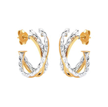 Load image into Gallery viewer, 14k Yellow Gold Convex X Style Two-Tone Stud Earrings Real 14kt Yellow White Gold - 14KT Two Tone Textured &amp; Polished Stud &quot;X&quot; rope twisted
