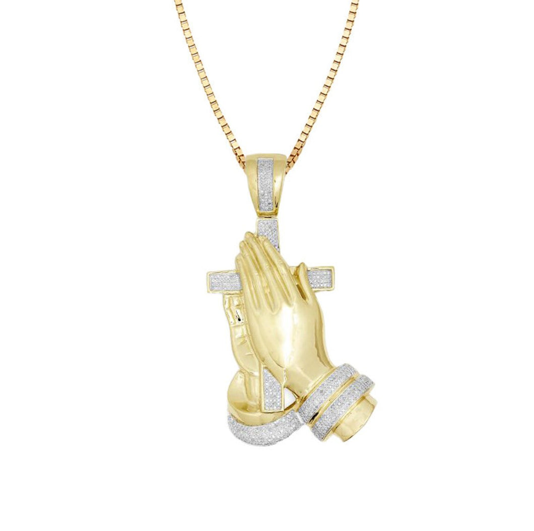 Solid Yellow Gold Diamond Cross Hand Praying Necklace - 14k Gold Diamond Cross - Dainty Diamond Cross - Baptism Gift -