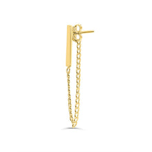 Load image into Gallery viewer, 14K Yellow Gold Dangling Chain Earrings Fashion Delicate - Bat Chain Solid 14k Yellow Gold - Bar Earring - Chain Bar Stud Gold Earring
