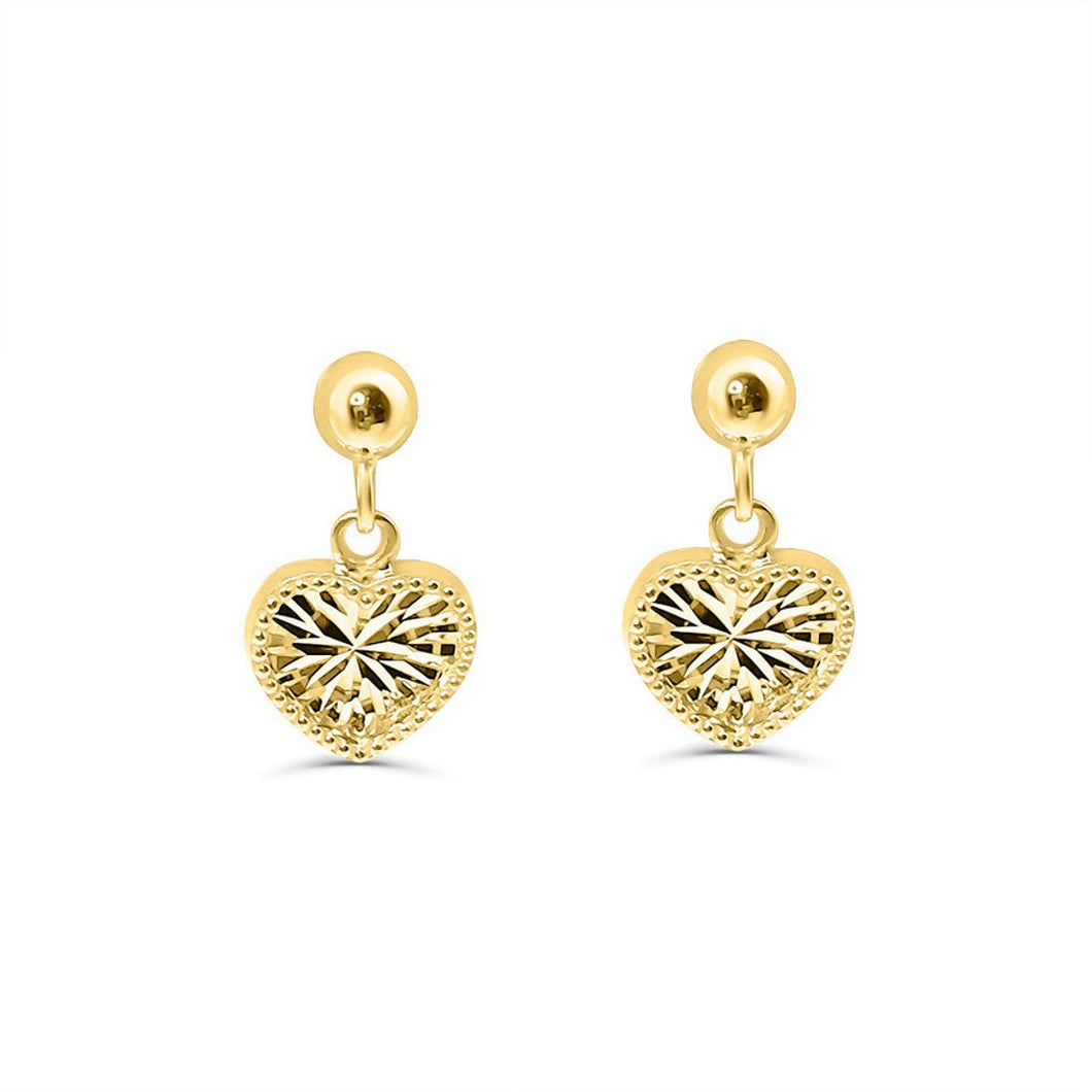 14K Yellow Gold Heart Dangling Earrings Diamond Cut - Heart Drop Stud Earring - Diamond Cut Stud Earring