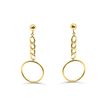 Load image into Gallery viewer, 14K Yellow Gold Chain with a circle dangling earring small size woman&#39;s - 14K Yellow Gold Open Disc With Dangling Chain Stud Earrings
