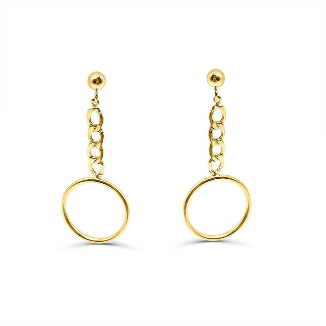 14K Yellow Gold Chain with a circle dangling earring small size woman's - 14K Yellow Gold Open Disc With Dangling Chain Stud Earrings