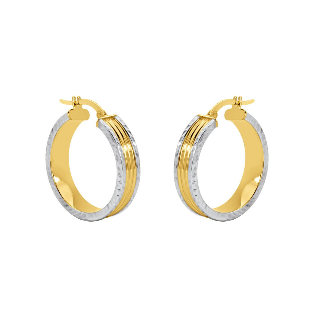 Two Tone Gold 14k Diamond Cut Hoop Earring - 14KT Two Tone Diamond Cut & Grooved Hoop Earrings - Large Hoop Yellow Gold Earring