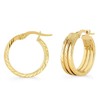 Load image into Gallery viewer, 14k Yellow Gold Twisted Hoop Earrings - Gold Lever Back Hoop - Dainty Minimalist Huggie - 14KT Yellow Gold Triple Hoop with Diamond Cut
