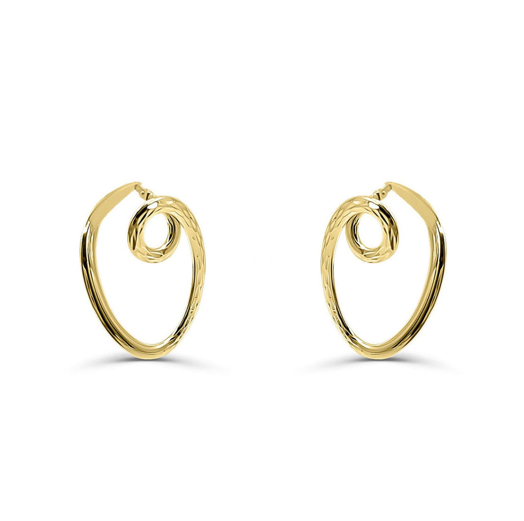 14k Yellow Gold Diamond Cut Double Hoop Earring Set, Swirl Earrings - Yellow Gold Diamond Cut Double Hoop Earring with Hinged Closure