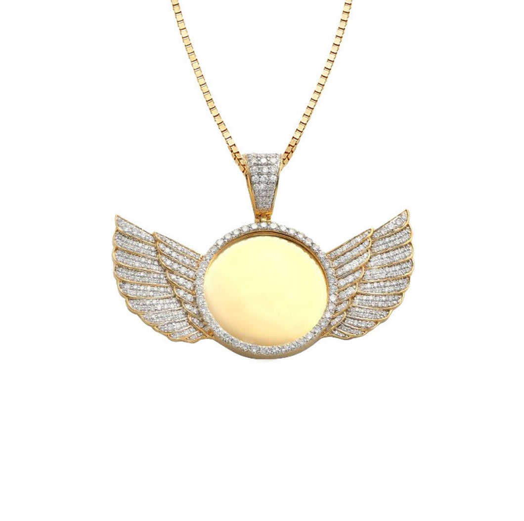 Solid Yellow Gold Angel Wings Picture Frame Memory Diamond Pendant - Real SOLID Yellow Gold Diamond Memory Pendant with Wing Necklace