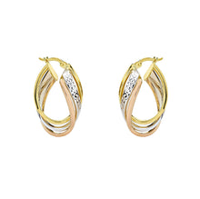 Load image into Gallery viewer, 14k Tricolor Hoop Earrings - Spiral Design Oval Shape Hoops - Fine Jewelry for Women - Triple Line Hoop earring

