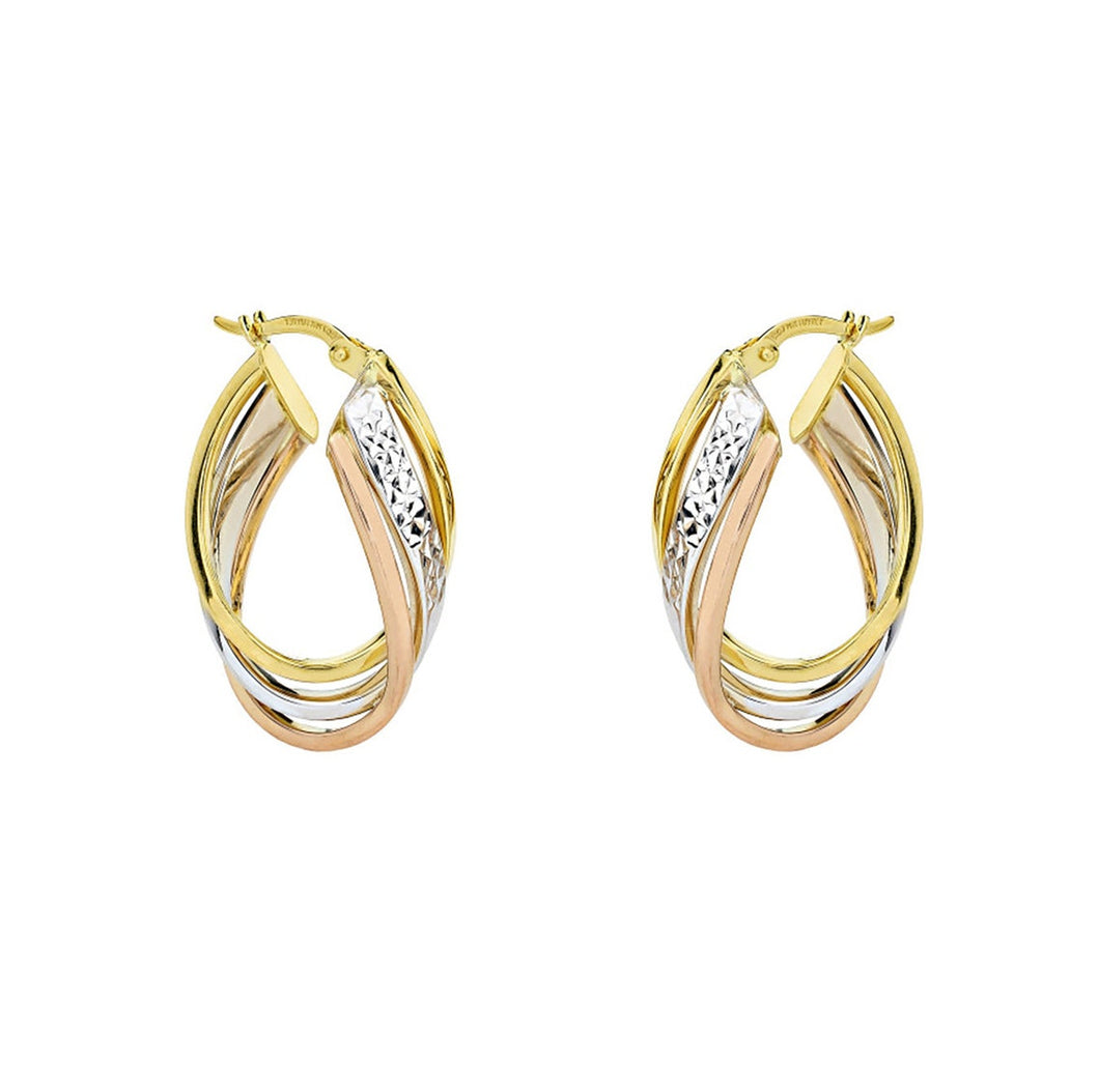 14k Tricolor Hoop Earrings - Spiral Design Oval Shape Hoops - Fine Jewelry for Women - Triple Line Hoop earring