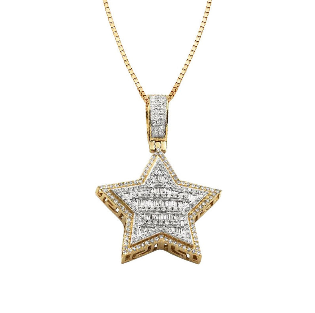 Yellow Gold Solid Baguette Necklace - Greek Key Sides - Diamond Star Necklace
