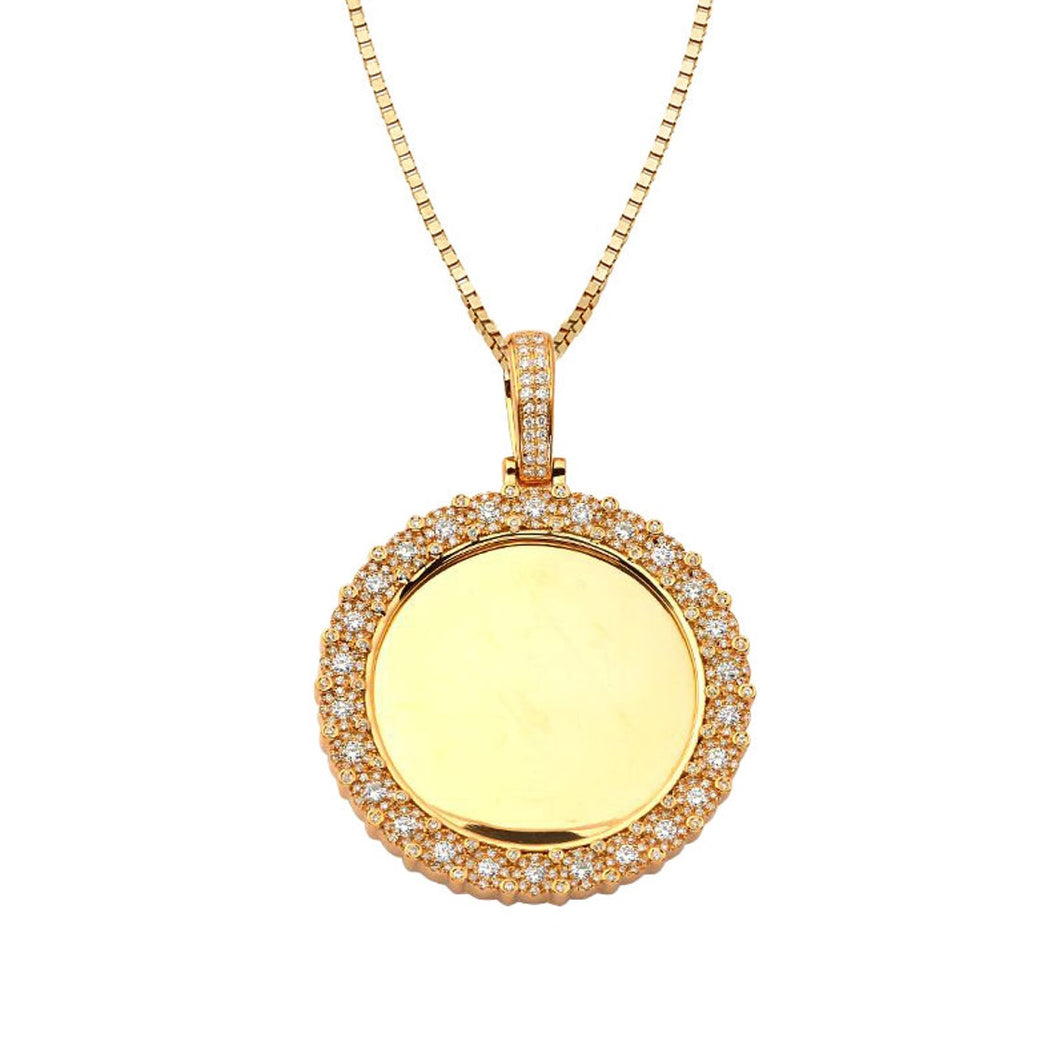 Solid 14k Yellow Gold Mirror Place Disk Necklace with Flur Cluster Border