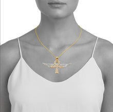 Load image into Gallery viewer, Solid 14k Yellow Gold Diamond with Ankh with Wings Necklaces - 14k Two Tone Diamond Ankh Cross with Wings Necklace
