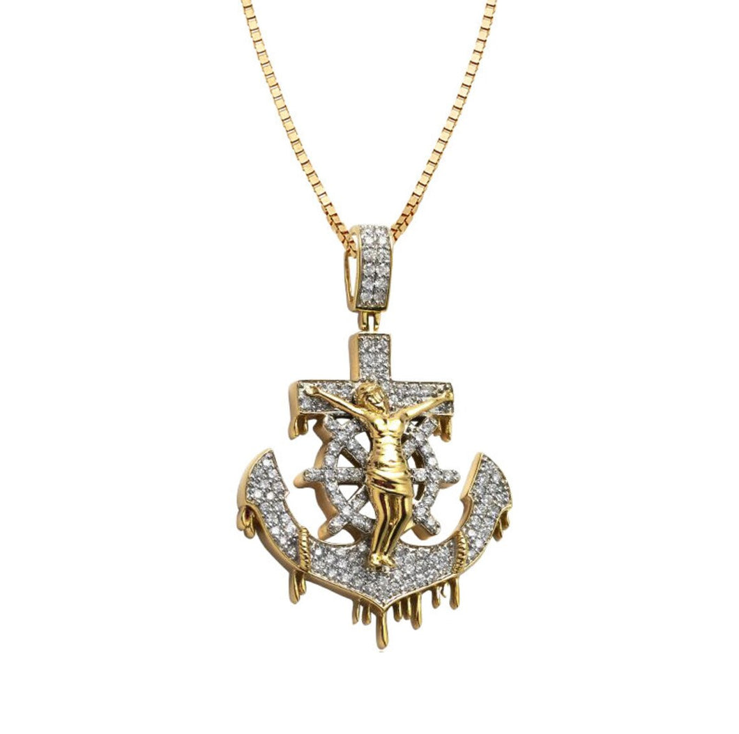 Solid Yellow Gold Diamond Dripping Blood Anchor with Crucifix Pendant - Dripping Diamond Anchor - Diamond Yellow Gold Anchor Necklace