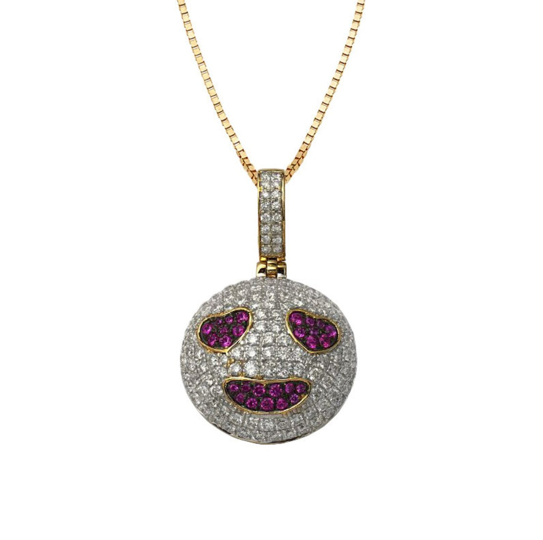 Solid Yellow Gold Diamond and Synthetic Emoji Pendant - Solid Diamond Smiling with Heart Eyes Love Emoji Necklace - Gold Emoji Necklace