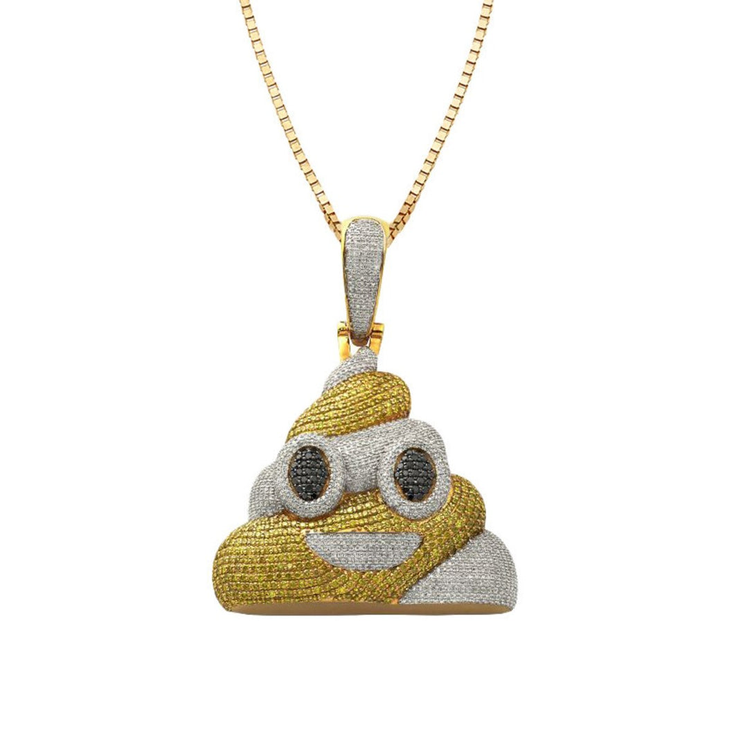 Solid Yellow Gold Diamond Poop Emoji Necklace - Solid Diamond Poop Emoji Yellow & Black Necklace - Gold Poop Emoji Necklace