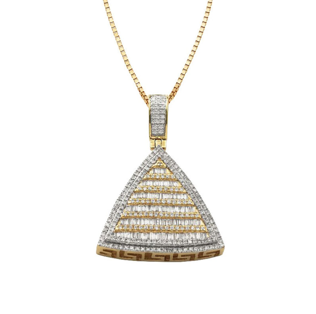 Solid Yellow Gold Baguette Diamond Triangle Necklace - Greek Key Side - Diamond Triangle Necklace