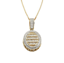 Load image into Gallery viewer, Solid Yellow Gold Baguette Diamond Ovel Necklace - Greek Key Sides - Oval Diamond Necklace
