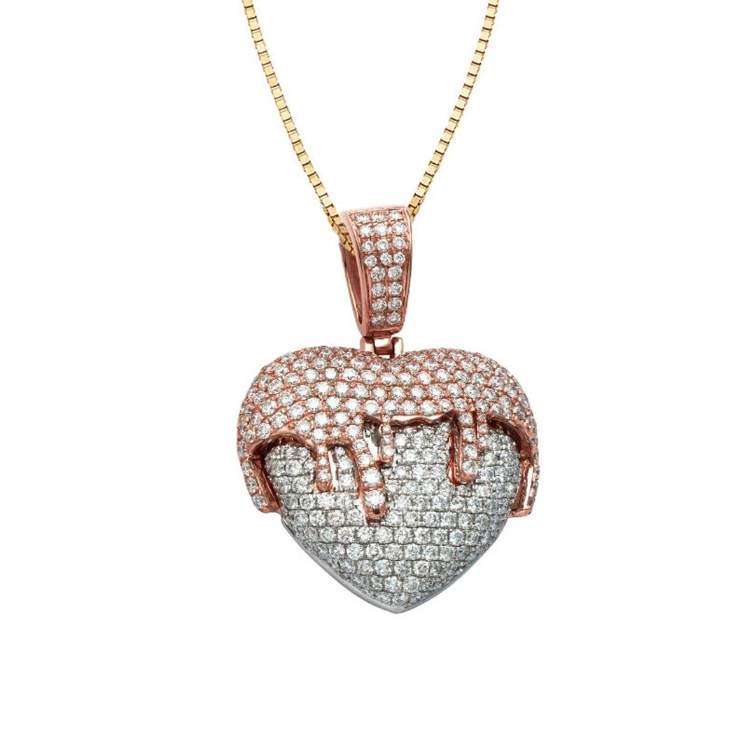 Solid 14k Two-Tone Diamond Dripping Heart Necklace - 14k Solid Heart Diamond Necklace - Heart Diamond Necklace