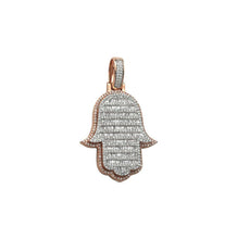 Load image into Gallery viewer, Solid 14k Diamond Hamsa Pointing Down Necklace - 14K Gold Hamsa with Diamond Baguette Pendant - Large Good Luck Charm, Symbol of Protection

