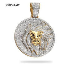 Load image into Gallery viewer, Solid 14k Yellow Gold Real Diamond Wavy Mane Lion Head Medallion with Black Diamond Eyes - Gold Lion Diamond Necklace
