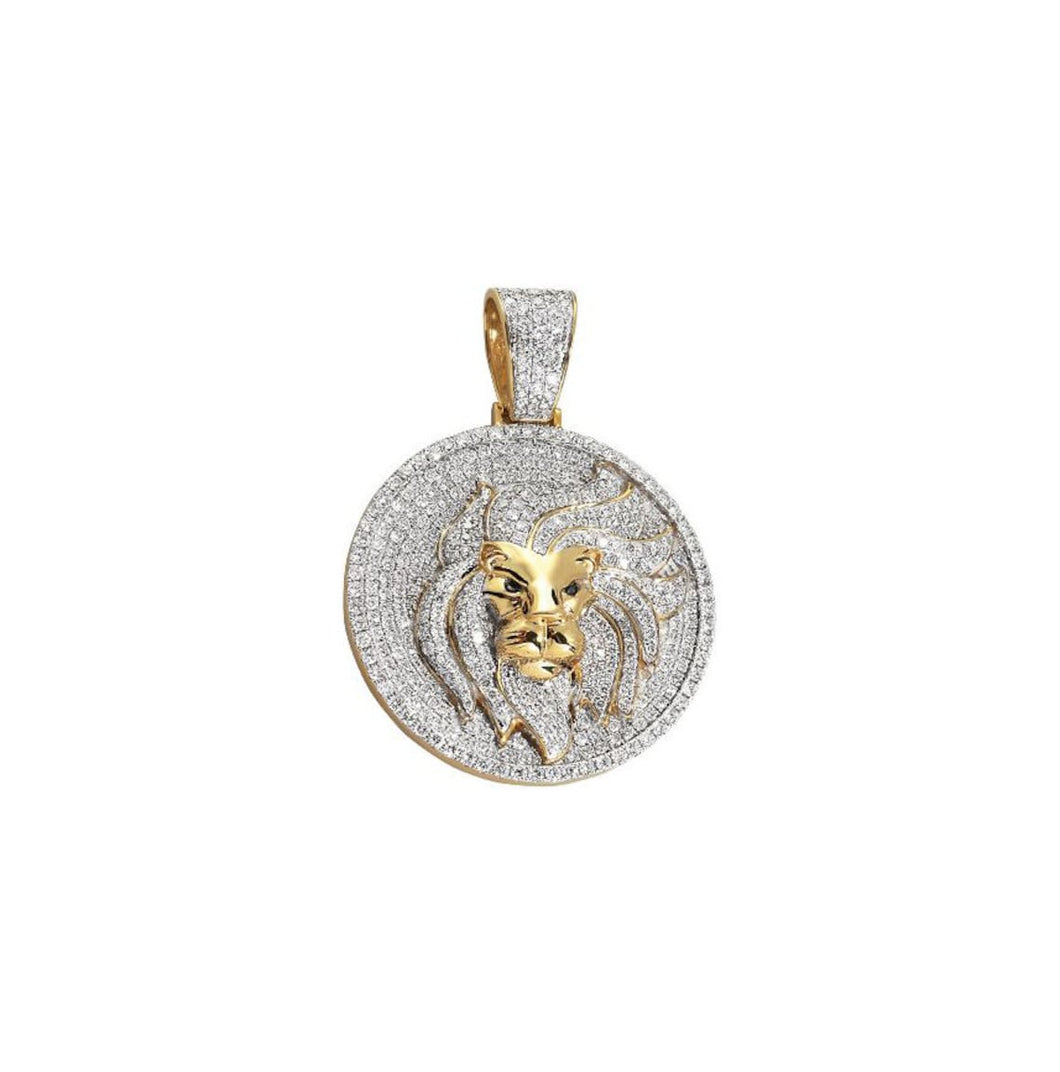 Solid 14k Yellow Gold Real Diamond Wavy Mane Lion Head Medallion with Black Diamond Eyes - Gold Lion Diamond Necklace