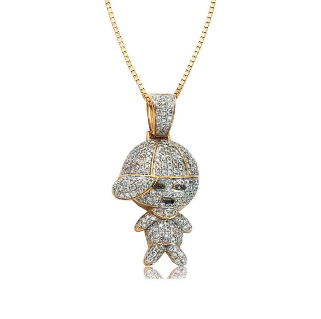 Solid Yellow Gold Diamond Boy with Hatt Necklace with Black Diamond Eyes - Hip Hop Diamond Necklace