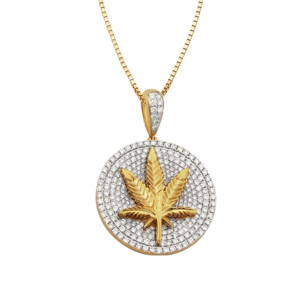 Solid Yellow Gold Diamond Medallion Marijuana Leaf Necklace - Diamond Marijuana Necklace - Diamond Sign Weed Necklace