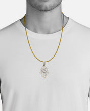 Load image into Gallery viewer, Solid 14k Yellow Gold with Baguettes Diamond Hamsa Necklace - Unique Diamond Hand Necklace - Large Diamond Hand Necklace
