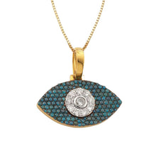 Load image into Gallery viewer, Solid Yellow Gold Blue and White Diamond Evil Eye Necklace - Unique Diamond Evil Eye Necklace - Yellow Gold Large Evil Eye Pendant
