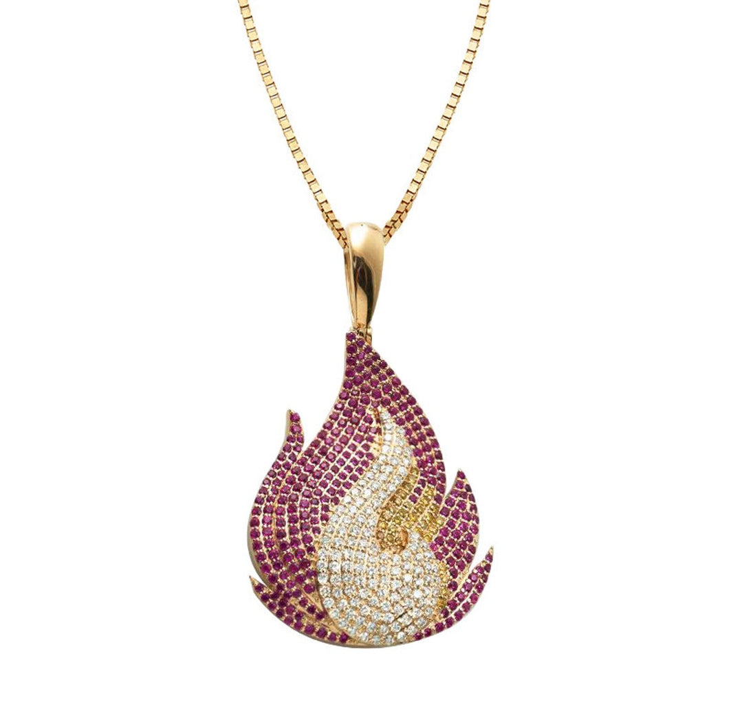14K Solid Yellow Gold Diamond Sapphire Flame Necklace Diamond - Yellow Gold Diamond Flame Necklace