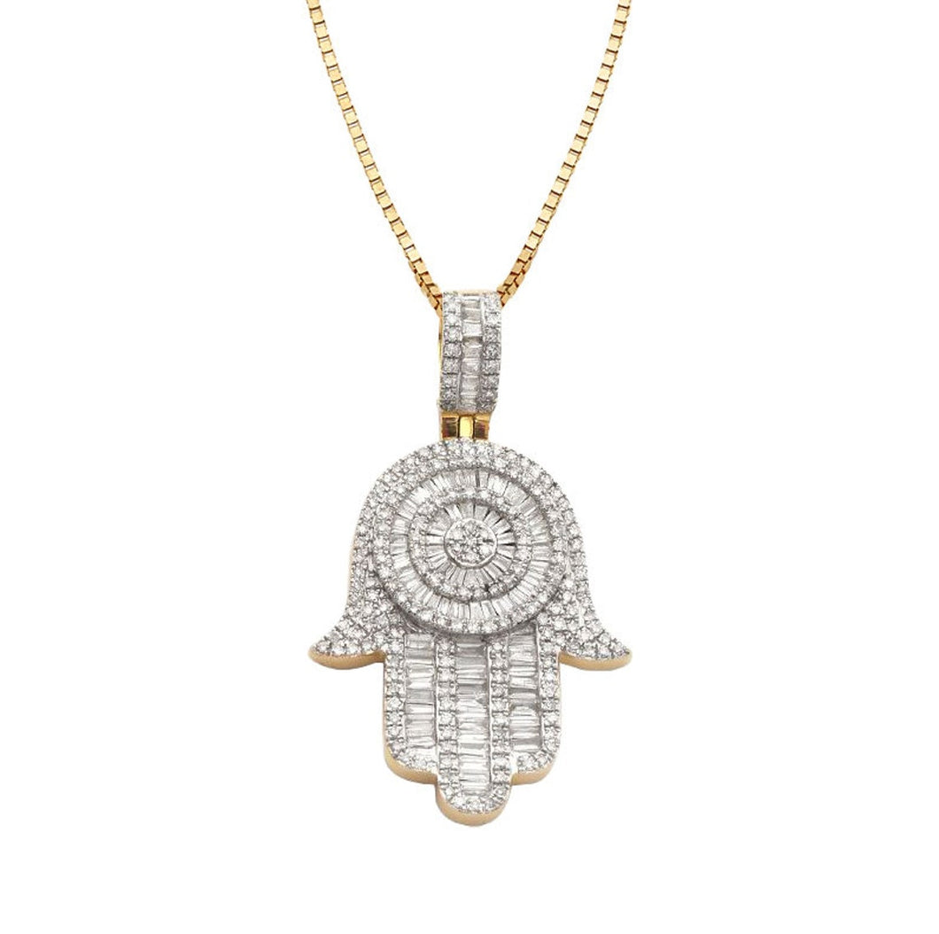 Solid 14k Yellow Gold with Baguettes Diamond Hamsa Necklace - Unique Diamond Hand Necklace - Large Diamond Hand Necklace