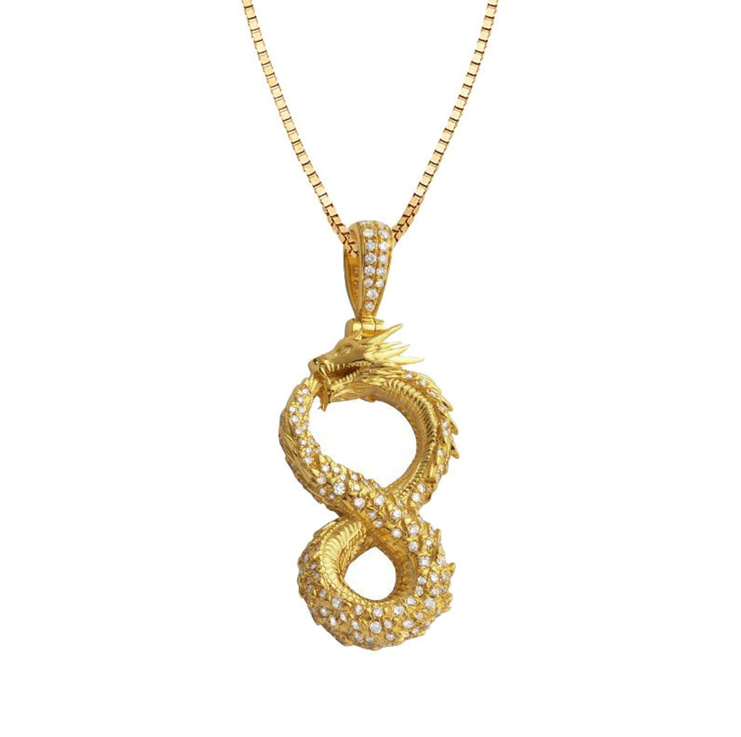 Solid 14k Yellow Gold Diamond Infinity Dragon Necklace - Dragon Necklace - Real Diamond Dragon Pendant